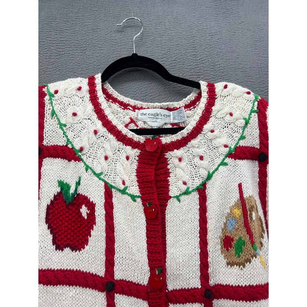 Vintage The Eagle's Eye Hand Knit Teacher School Cardigan Sweater Cream Red 1993 - Picture 2 of 16